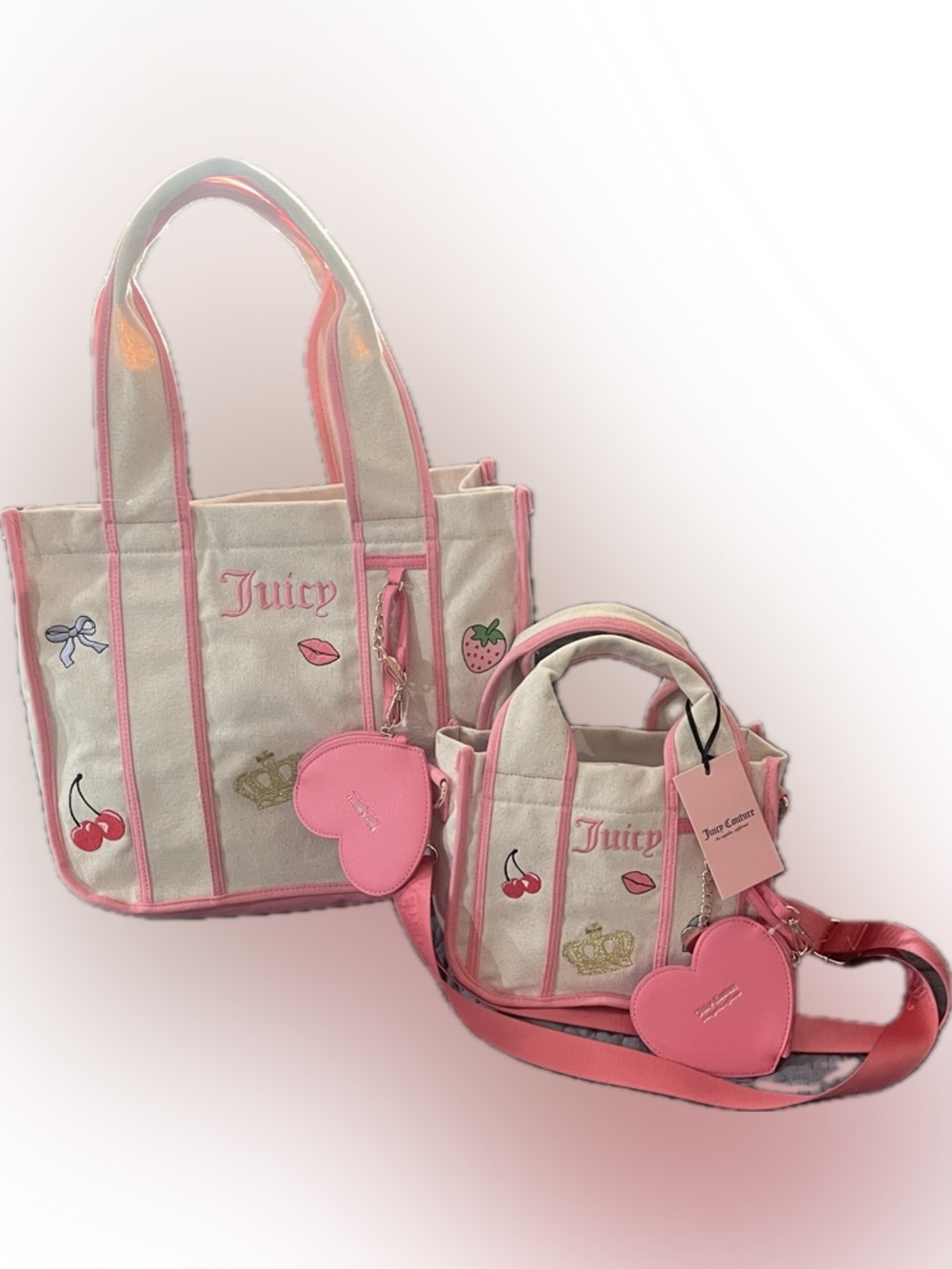 Juicy Couture Pink and Cream Canvas Tote Mommy & Me Set w/ Heart Charm